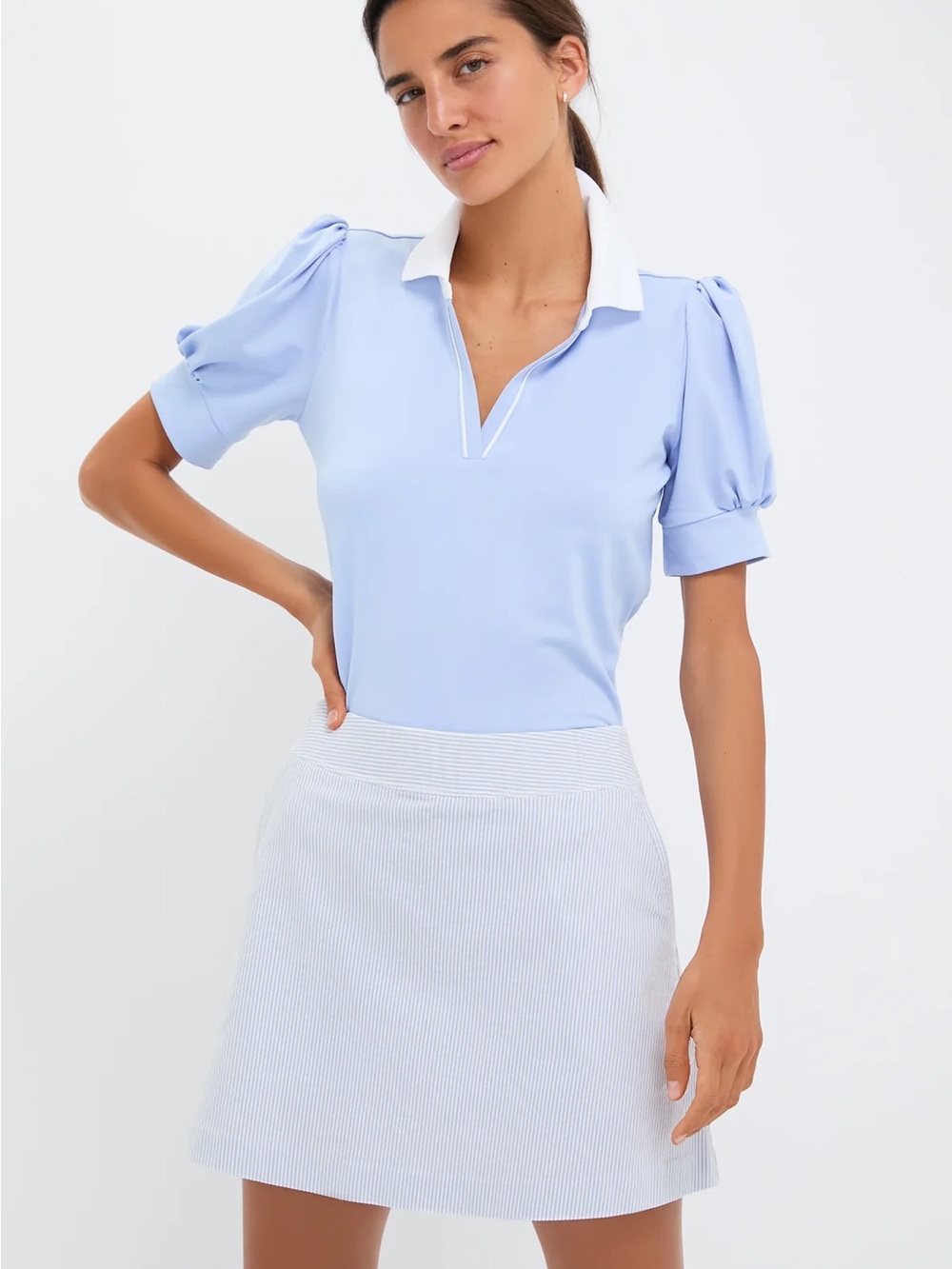 Tuckernuck Sky Blue Puff-Sleeve Polo with White Collar S